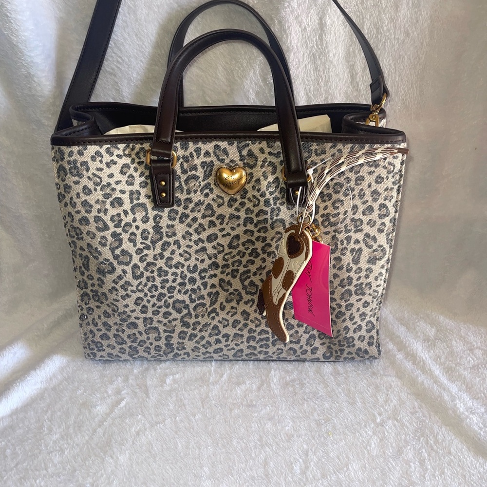 NWT Betsey Johnson Canvas Leopard Print Tote Bag with Heart Charm